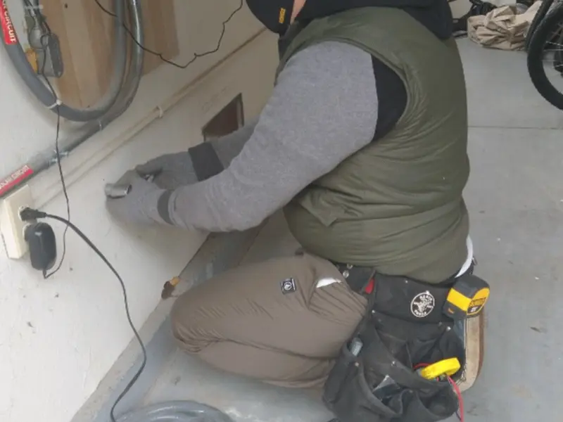 Electrician performing outlet wiring in a West Bloomfield garage
